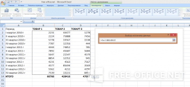 Выбор диапазона данных в Excel